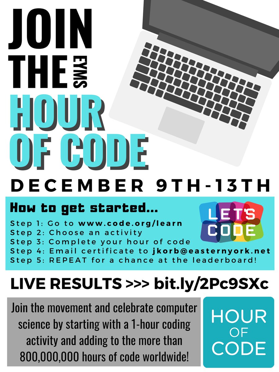 EYMSMediaCenter's tweet image. The #HourOfCode is almost here!  Get ready to start coding and add to our school-wide total hours.  Which grade will code the most??  Time will tell!  #eyknightscode #coding #csforall #CSEdWeek