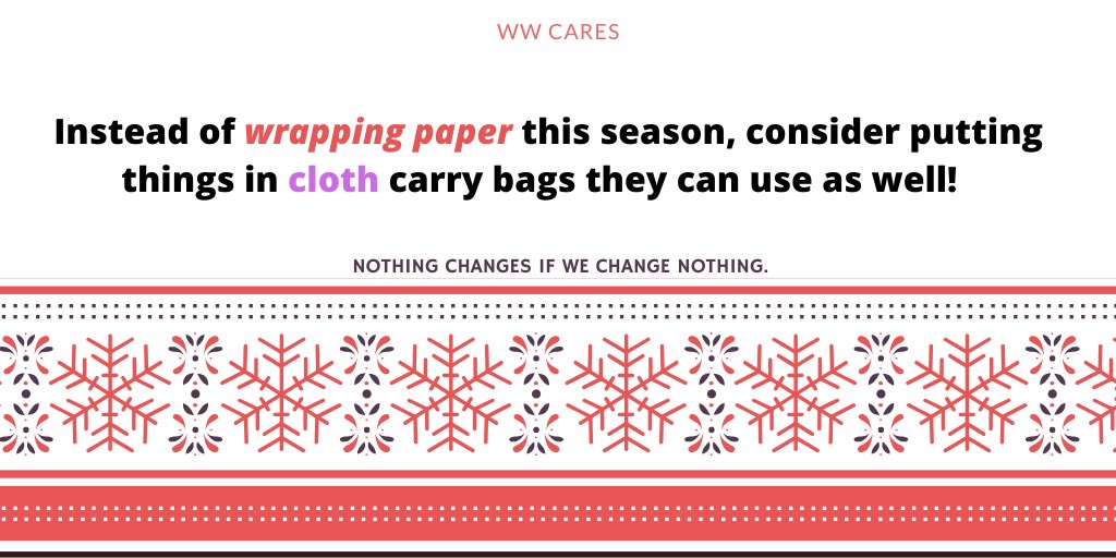 CaresWw's tweet photo. According to a 2017 #research study, Canadians threw away 540,000 TONNES of #Holiday #wrappingpaper at #Christmastime 😬Consider novel approaches for #ClimateChange #environment Maybe gift in #reusable cloth bags. Avoid #foil for sure. #tinytweaks #mindfulness #WWCares https://t.co/C08NcJC9FX