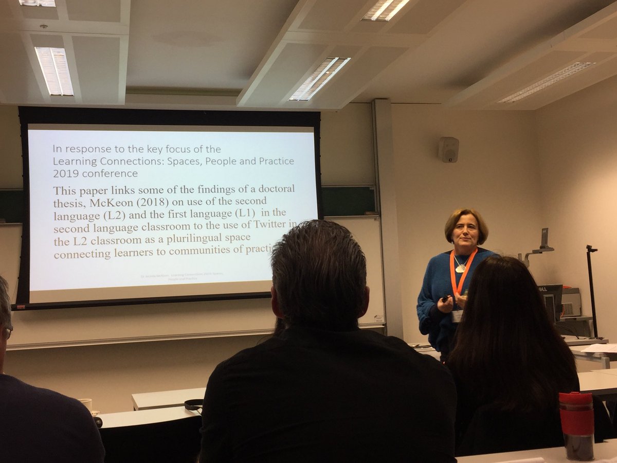 Dr Jacinta McKeon kicks off the Digital Ed section of #learningconnections19 with a presentation on the use of Twitter as a virtual learning space . Her key research question asks To what extent are teachers teaching through the target language as the main language of the class?