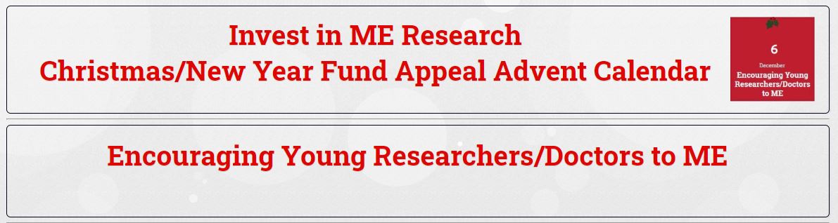 Invest_in_ME's tweet photo. Christmas/New Year Fund Appeal Advent Calendar
Day 6: Encouraging Young Researchers/Doctors to ME
https://t.co/2yzmoWjGlQ
#research #mecfs #IIMERChristmasAppeal #philanthropy #CofEforME @LetsDoIt4ME #TtF2020 #ThinkingtheFuture @ThinkingTFuture https://t.co/tFc3P2gdjl