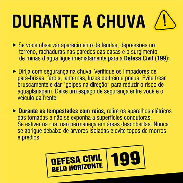 8h24 - Possibilidade de pancadas de chuva com raios e rajadas de vento em torno de 50 km/h, até 8h de sábado (7).
Fonte: Defesa Civil de BH
<a href="/prefeiturabh/">Prefeitura de BH</a> <a href="/OficialBHTRANS/">OficialBHTRANS</a> <a href="/Bombeiros_MG/">Bombeiros_MG</a>