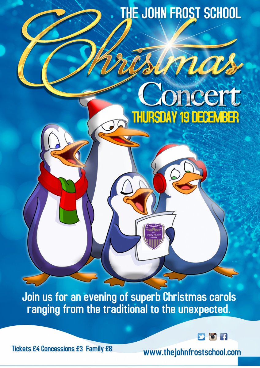 johnfrostschool's tweet photo. Its beginning to sound a lot like Christmas at The John Frost School! Come join us &amp; join in our Christmas Concert at 7pm on Thursday 19th December. Doors open at 6.30pm.

Tickets can be purchased via ParentPay or from Student Reception. 🎅 https://t.co/05r25CxUXJ