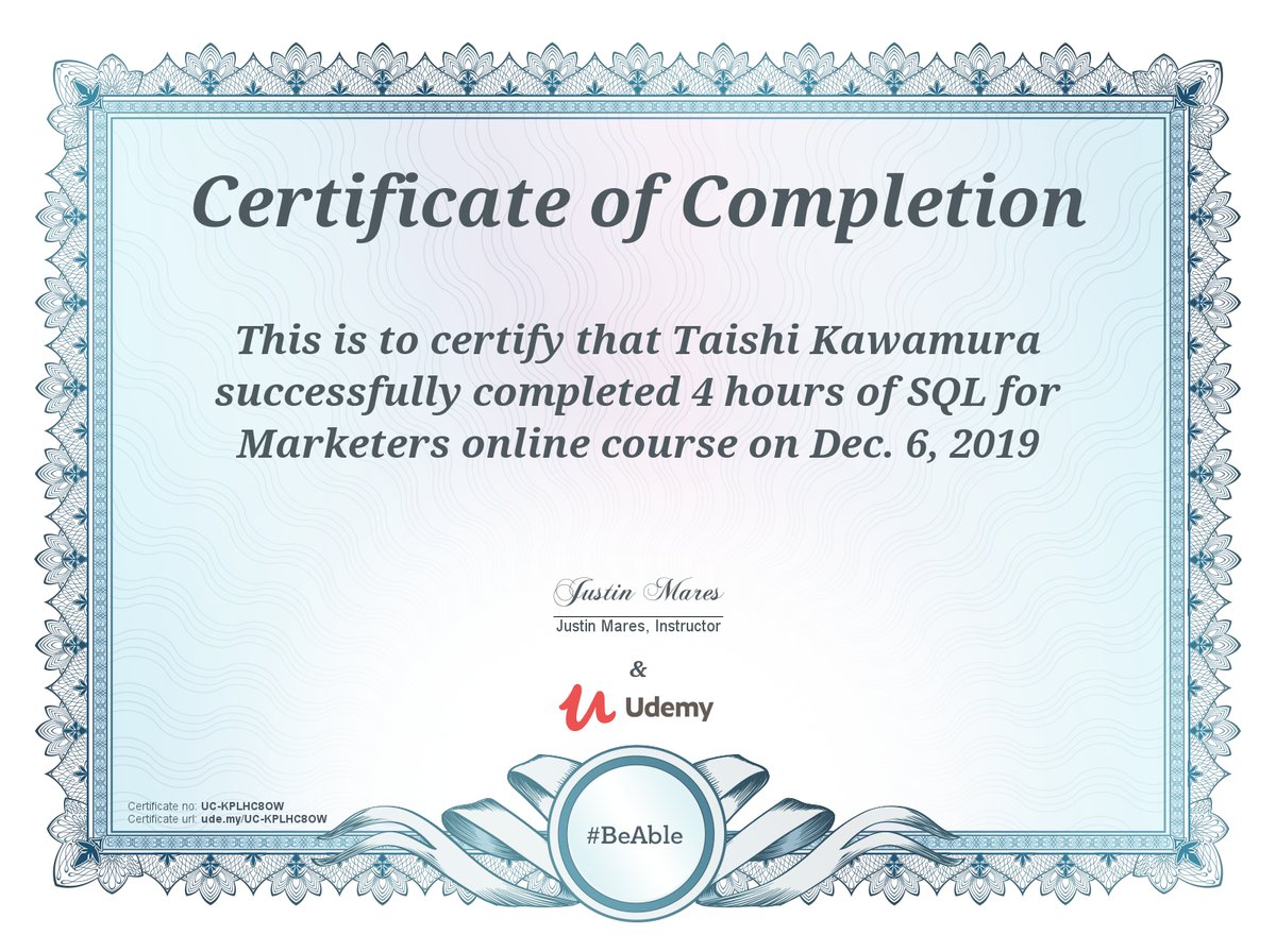 pablito_taitai's tweet photo. I've got a certificate for the course 'SQL for Marketers'.
All I need to do is make an opportunity to utilise the skill.
#sqlformarketers #sql #marketer #technicalmarketer https://t.co/dlx4EJ4m2N