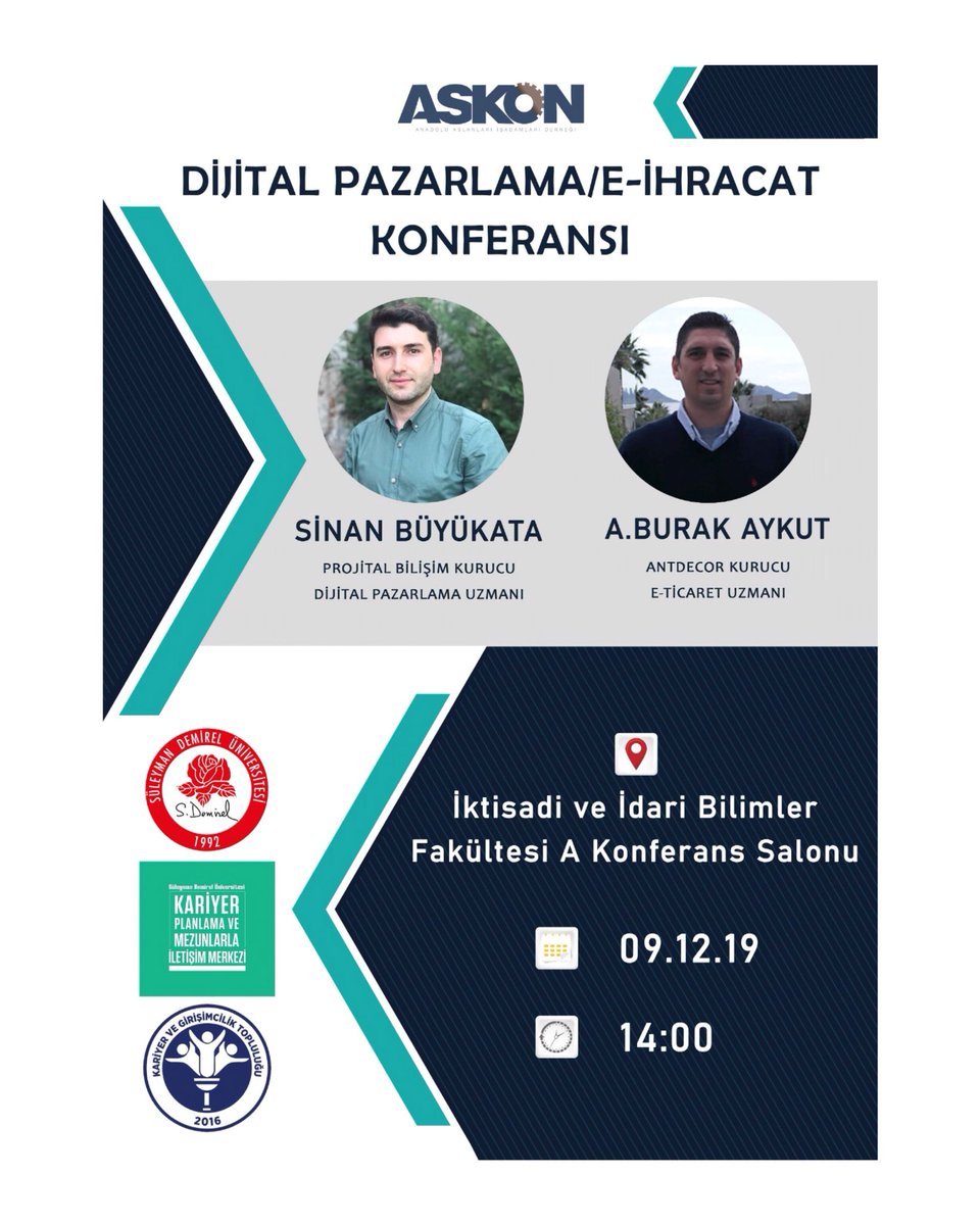 Kariyer girişimcilik topluluğu olarak Sinan Büyükata ve A. Burak Aykut eşliğinde gerçekleşecek olan “Dijital Pazarlama/ E-Ticaret Konferansımız 09.12.2019 Pazartesi günü saat 14.00’da İİBF A Konferans salonunda olacaktır. Herkesi bekleriz.