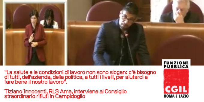 fpcgilromalazio's tweet photo. “Se Roma movimenta 3 mila tonnellate al giorno vuol dire che qualcuno lavora. Salute e condizioni di lavoro non sono slogan: la politica ci aiuti a fare bene il nostro lavoro”. 
Tiziano Innocenti, RLS in AMA, all'Assemblea capitolina sui rifiuti.
#LavoriAMOxRoma #RomaNonLoSa https://t.co/wsZidSIGo6