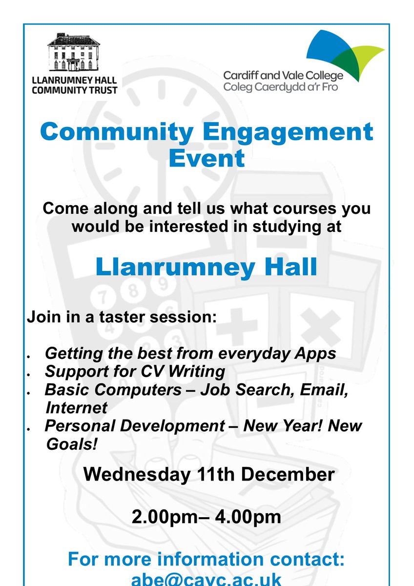 LlanrumneyHall's tweet photo. C O U R S E S |  come along and tell us what courses you'd like to see at Llanrumney Hall.  This Wednesday 11/12/19  2pm to 4pm.
Your opinions will really make a difference.
For more info contact abe@cavc.ac.uk https://t.co/y0xFcOWL3H