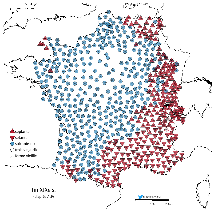 MathieuAvanzi's tweet photo. Et à la partie méridionale près, cette même zone où l'on disait naguère #septante pour 70 (carte réalisée sur la base des données de l'Atlas Linguistique de la France, récoltées fin 19e s.)👉https://t.co/xxcXvI3hcC https://t.co/ss3A2m0AdF