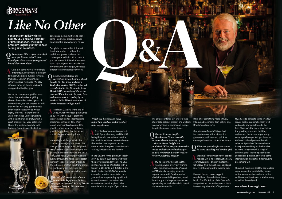 VenueInsight's tweet photo. The #gin boom is showing no signs whatsoever of slowing down ๐น๐ธ
#VenueInsight talks with Neil Everitt, CEO and a CoโFounder of cover stars @BrockmansGin, the super premium English gin that is now selling in 50 countries
โก๏ธ https://t.co/I1bac0Nkhf https://t.co/NsbApQ4QkO