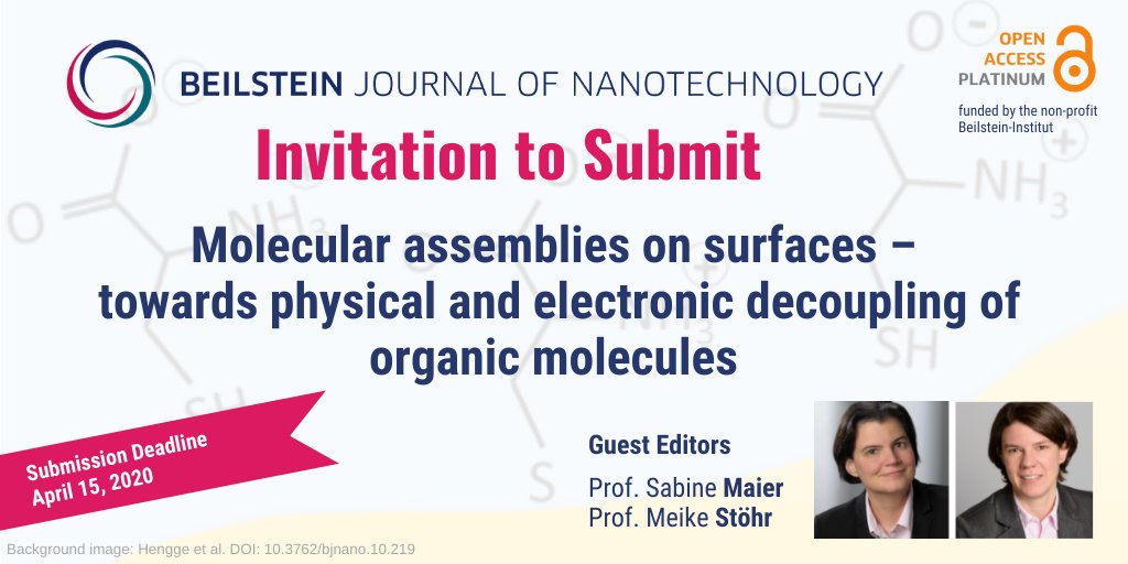 Beilstein-Institut @beilstein-institut.bsky.social (@beilsteininst) on Twitter photo 📢 Submission is OPEN 📢 for the #OpenAccess #BJNANO thematic issue
Molecular assemblies on surfaces – towards physical and electronic decoupling of organic molecules
editors: Prof. Meike Stöhr <a href="/univgroningen/">University of Groningen</a> & Prof. Sabine Maier <a href="/UniFAU/">FAU Erlangen-Nbg</a>
#Nanomaterials #AssemblyOfNanostructures 📢 Submission is OPEN 📢 for the #OpenAccess #BJNANO thematic issue
Molecular assemblies on surfaces – towards physical and electronic decoupling of organic molecules
editors: Prof. Meike Stöhr <a href="/univgroningen/">University of Groningen</a> & Prof. Sabine Maier <a href="/UniFAU/">FAU Erlangen-Nbg</a>
#Nanomaterials #AssemblyOfNanostructures