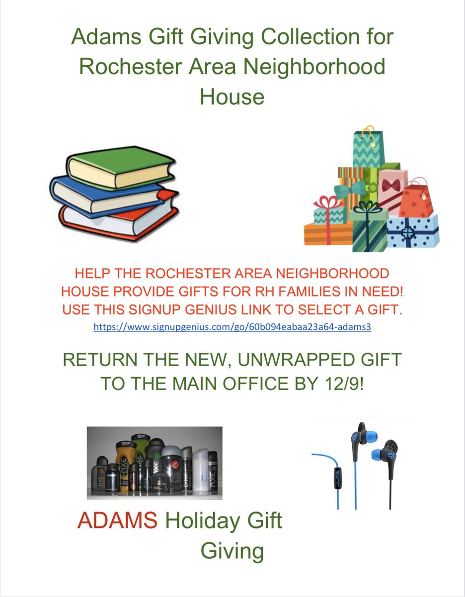 AdamsPTSA's tweet image. The due date for gift donations to support the Rochester Area Neighborhood House is extended until Monday, December 9. Please drop off stocking stuffer-type gifts in the Main Office. Thank you for your generosity!

USE SIGNUP GENIUS LINK TO SELECT A GIFT
signupgenius.com/go/60b094eabaa…