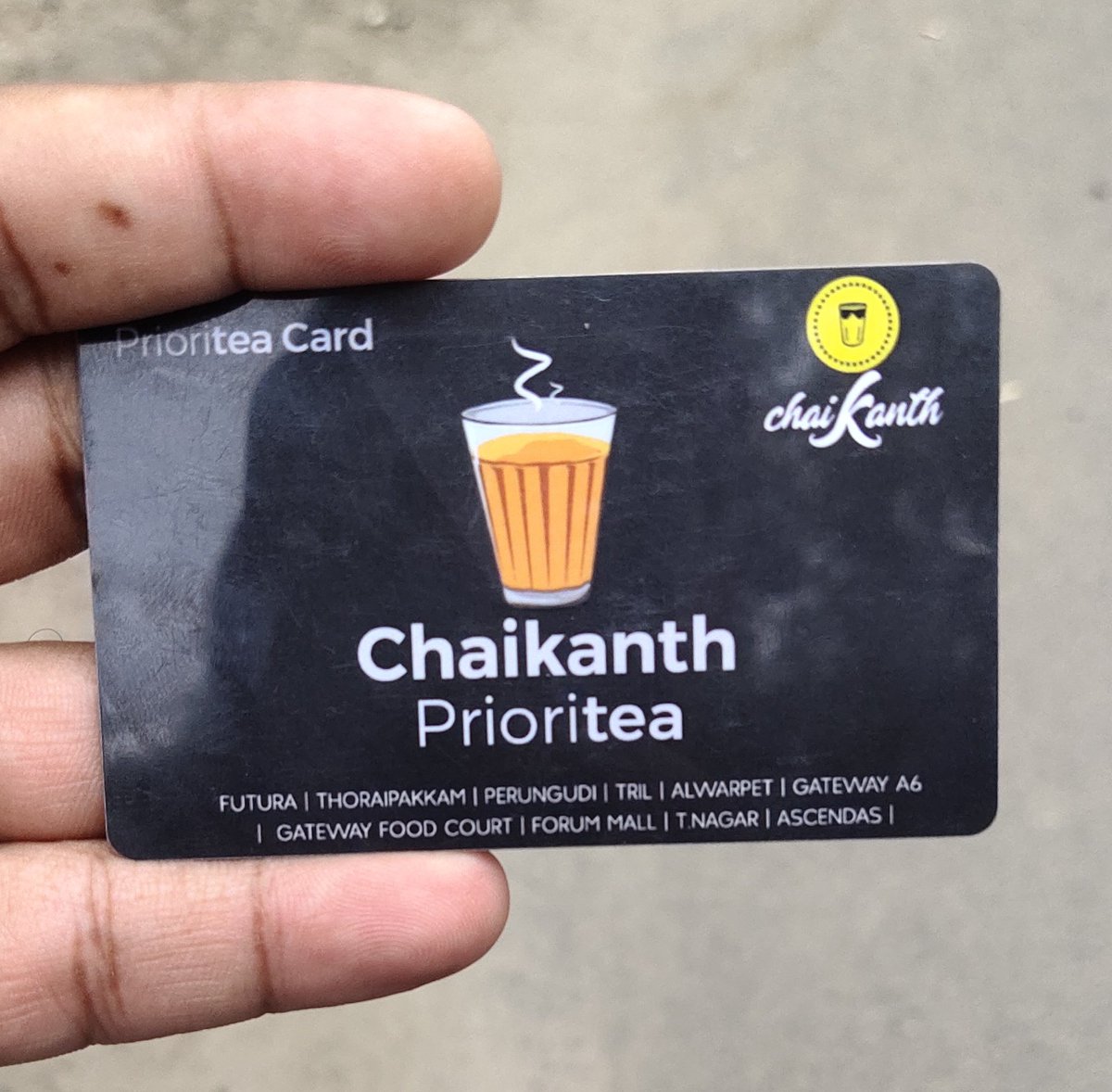 imayilvagan's tweet photo. Tea @ChaiKanth , Prioritrea Card, awesome location #tnagar sleek interior and hot chai for the lovely weather. #chaikanth #newstore #tnagar #chai #tea #chennai @dedeena @KasthuriShankar @teakkadai1 https://t.co/KathGuZt8t
