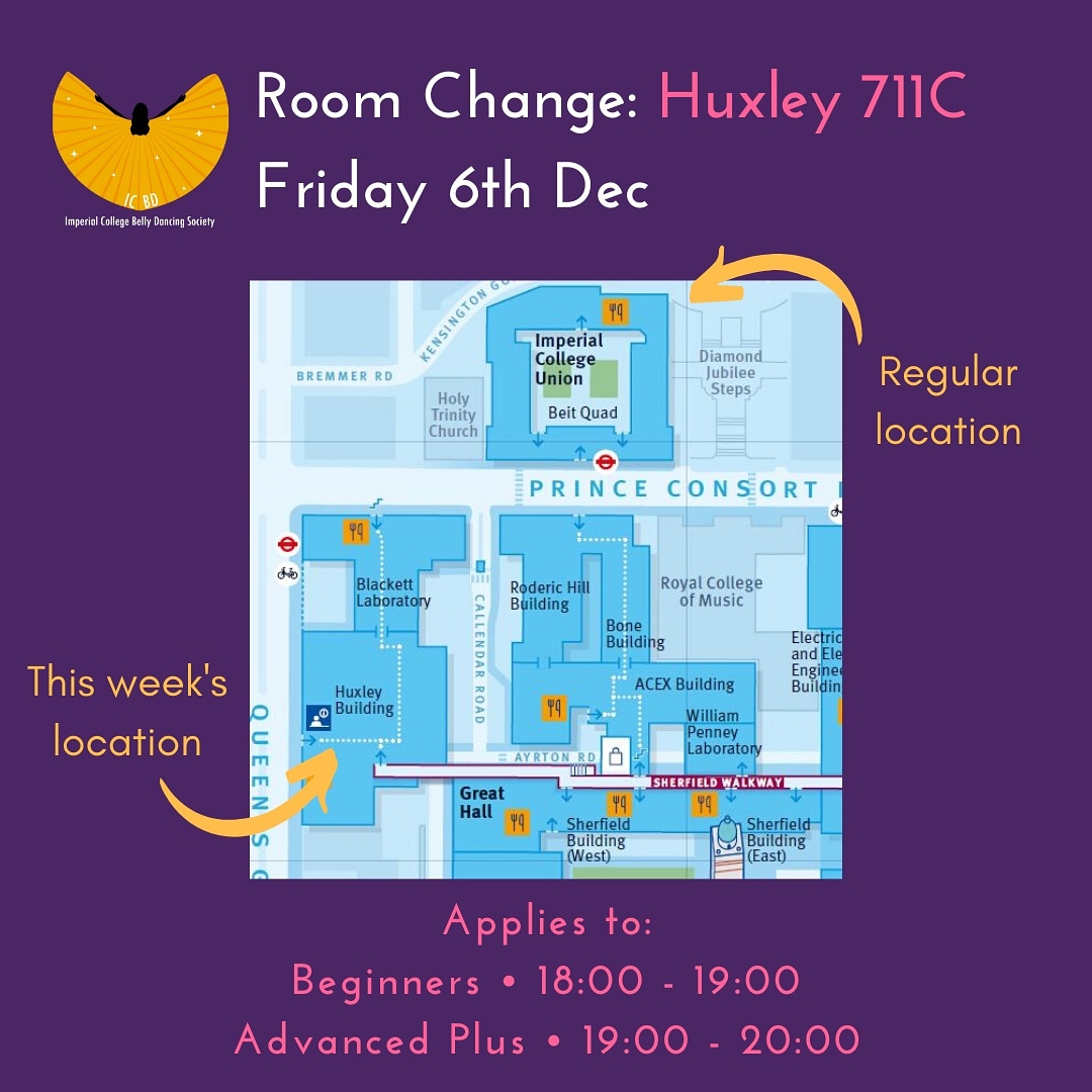 ✨ Room change tonight! ✨

Our Beginners and Advanced Plus classes are being held in Huxley 711C instead of the usual Activity Space 1. Come join us, classes remain at their usual times 💃💕

#bellydance #icunion #danceimperial #icubelly