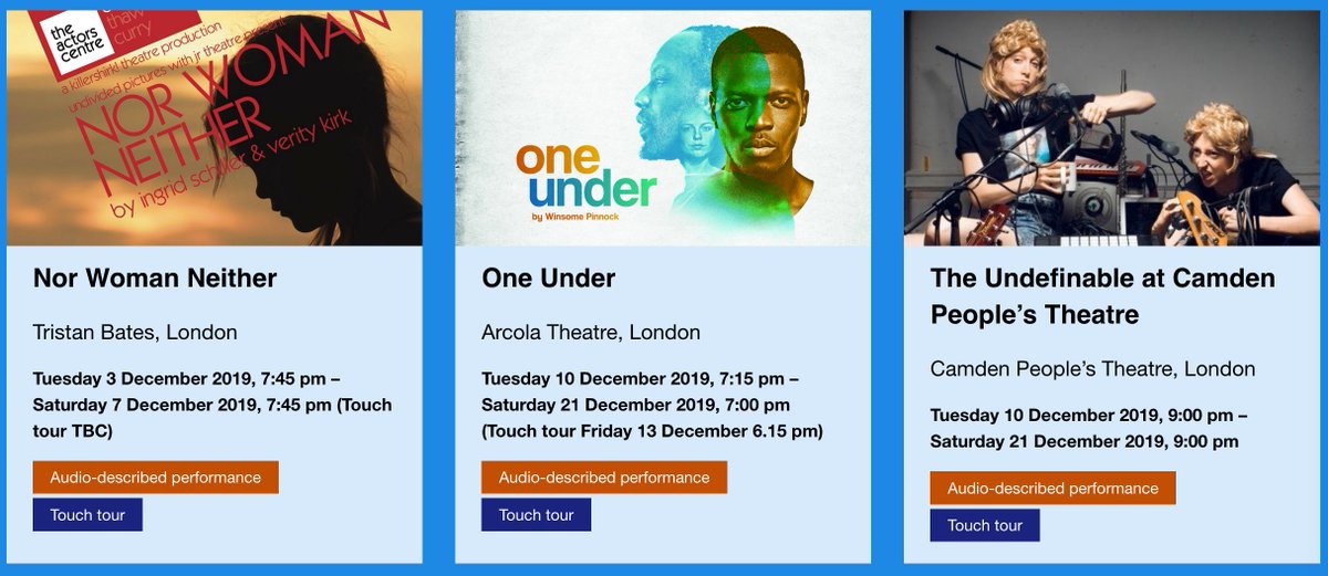 Fab that the top three shows listed on @VocalEyesAD Whats On for London are accessible with #AudioDescription EVERY night. Way to go
<a href="/TristanBates/">TristanBates</a> <a href="/arcolatheatre/">Arcola Theatre</a> <a href="/CamdenPT/">Camden People's Theatre</a> 
vocaleyes.co.uk/whats-on