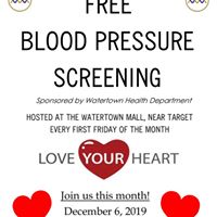 WatertownMallMA's tweet photo. Come to the Watertown Mall today for a free blood pressure screening, happening from 10 – 11 am in the back hallway. This event will be held in the back hallway, near Target and is sponsored by the Watertown-MA Health Department. https://t.co/HrEceB2UES https://t.co/wgyA1HM3nT