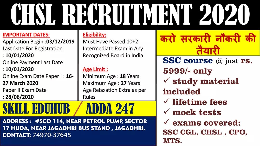 SkillEduhub's tweet photo. करो सरकारी नौकरी की तैयारी 12th के बाद 
Prepare for #Govt #Jobs. SSC CHSL 2020;
#SSC course @just rs. 5999/- only
* study material included
 *lifetime fees 
 *mock tests
 *exams covered: #SSC #CGL, #CHSL , #CPO, #MTS. https://t.co/25CI79s4DA