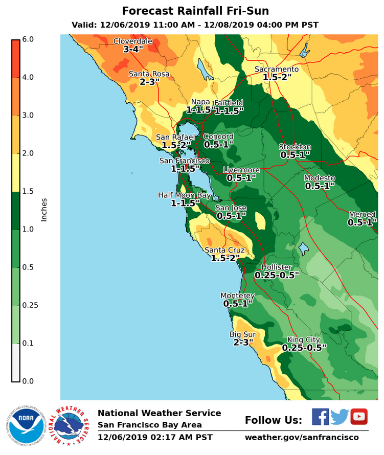 NWSBayArea's tweet photo. Updated rainfall forecast for the front due to arrive later this afternoon/evening with showers through the weekend. #CAwx #ColdFrontFriday #BayAreaWeekend https://t.co/gGMnzXvroQ