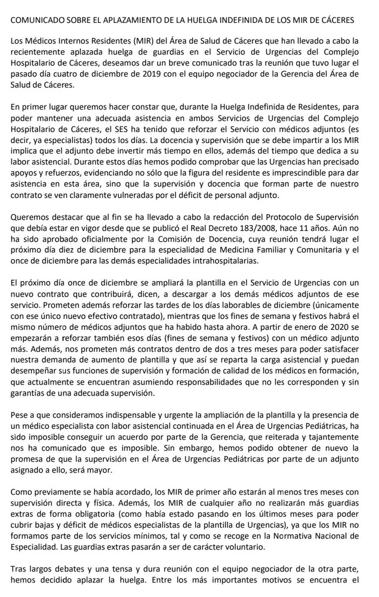 ChuccComite's tweet photo. Comunicado sobre el aplazamiento de huelga #soyMIR #sanidaddignaparatodos https://t.co/xU7klvwyRA
