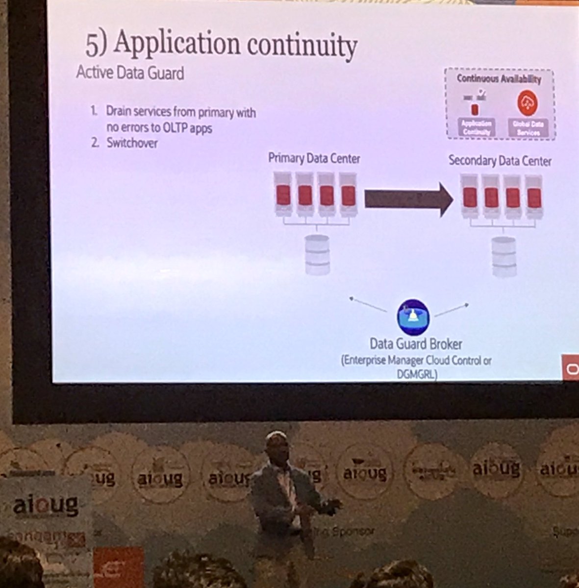 KnownAsMarkus's tweet photo. Choices, choices, choices at @AIOUG #sangam19 - with @RACMasterPM presenting on #Oracle #DataGuard (DG) at the same time as @OraDBTroy talks about #ApplicationContinuity (AC).
Where to go? And then you see: they converge, as AC works also with DG!! https://t.co/mNEbMa80Ao