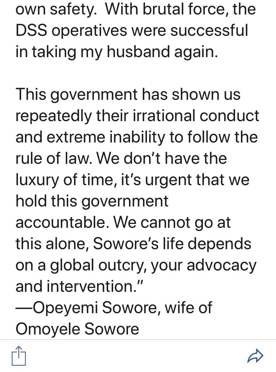 angelaquintal's tweet photo. This is a message from ⁦@sowore⁩’s wife, Ope, in response to the distressing scenes in court today where #Nigeria’s DSS acted like thugs in full glare of the world and re-arrested Sowore. ⁦#FreeSowore #FreeSoworeNow https://t.co/ndFc7Ayyym