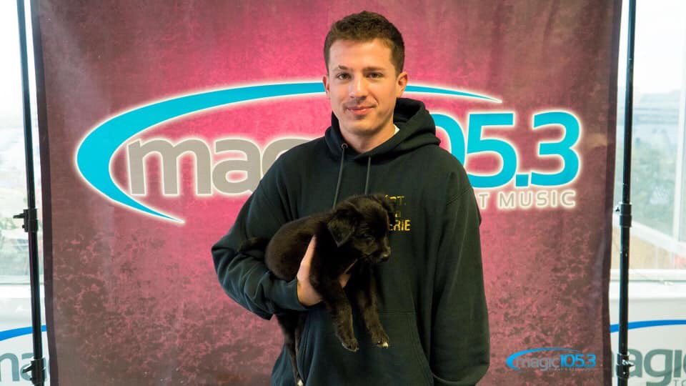 JennyLeeRadio's tweet photo. So @CharliePuth came by to perform in the @Magic1053SA  studio, and since we heard he loved rescue animals, we asked our friends from @sahumane society to bring a puppy... and CHARLIE ENDED UP ADOPTING HIM! He named him Charlie 😂 @mySA @News4SA https://t.co/zReQ7xLtP1