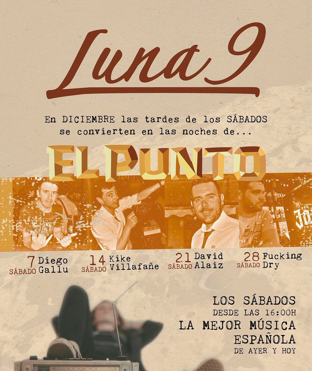 ¡Menudas tardes de sábado nos esperan! 😱 Gracias a grandes amigos, las tardes del #Luna9 se convertirán en las noches de <a href="/elpuntopub/">Punto Pelluhue</a> 🎶🎵 Lío asegurado con Diego Ferreiro, Enrique Villafañe, @davidalaiz1, @drykiri 👏👏👏
