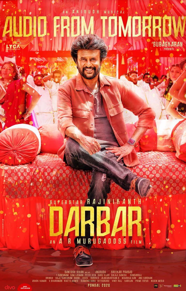 LycaProductions's tweet photo. #DARBAR 👑 Audio From Tomorrow!
An @anirudhofficial's saravedi musical 🎶😎

#DarbarAudioLaunch #Thalaivar @rajinikanth #Nayanthara @ARMurugadoss  @santoshsivan @sreekar_prasad @SunielVShetty @i_nivethathomas @divomovies @gaana #DarbarPongal #DarbarThiruvizha https://t.co/8GWNqPVKlL