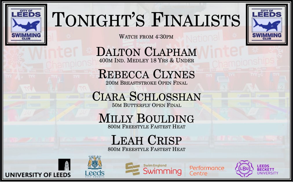 Good Luck to Our Finalists Tonight 💪

#SESwimming🏴󠁧󠁢󠁥󠁮󠁧󠁿❄️
#LeedsCityCouncilSTS 
#SEPerformanceCentre 🏴󠁧󠁢󠁥󠁮󠁧󠁿
#AboveAllATeam