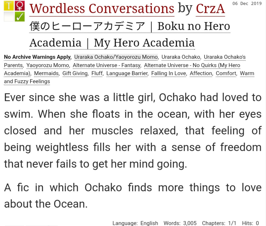 archiveofourown.org/works/21692875

#momochako piece I wrote for <a href="/BnhaKokoro/">BNHA Kokoro | Shipping Stage!</a> 's fluff booklet! If you like mermaids and two girls being fluffy and affectionate as they fall in love, feel free to check this out (⁘^-^⁘)