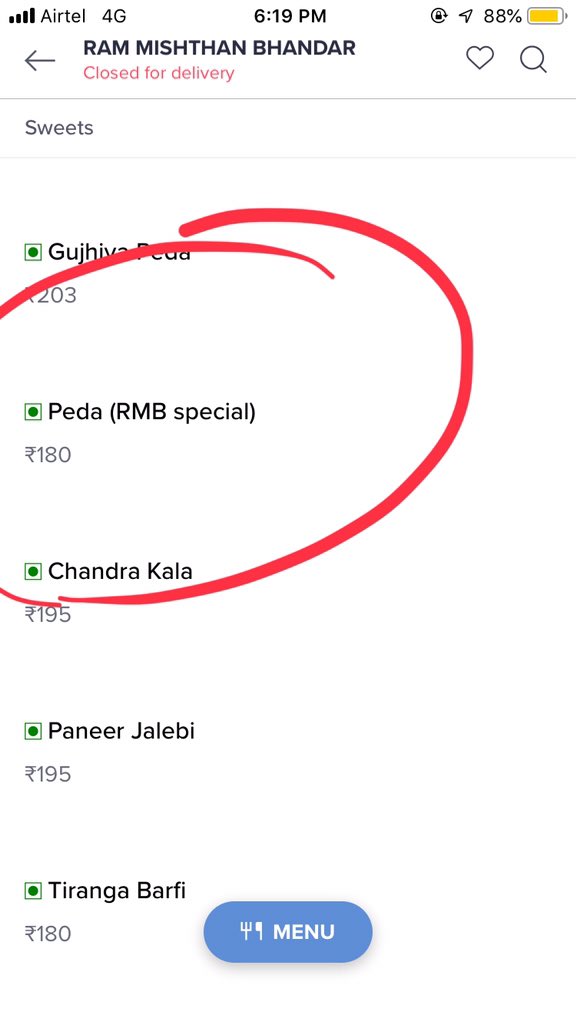 shubham26m's tweet photo. @SwiggyCares Hey Shalina
Check this for your reference. 
RMB a pretty famous sweet shop in kanpur sells their Peda Rmb special @520/kg (you can find their no on google and call and confirm the price) and on your app its listed 720/kg ... 180 for 250gms #DaytimeLoot https://t.co/ZV9EygrVb0