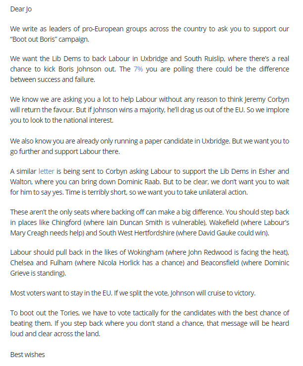 InFactsOrg's tweet image. Letter to @joswinson from 132 pro-EU grassroots groups asking her to back the Labour Party candidate in Uxbridge to defeat Boris Johnson.