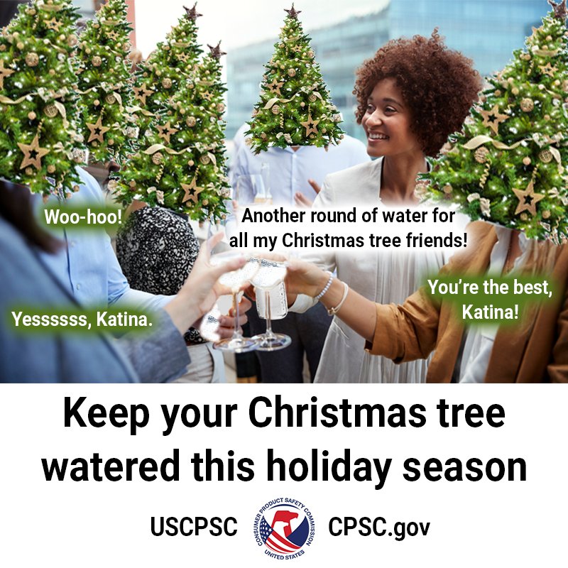 A person named Katina at a bar buying rounds of water for her Christmas tree friends. The text reads: Keep your Christmas tree well watered this holiday season.