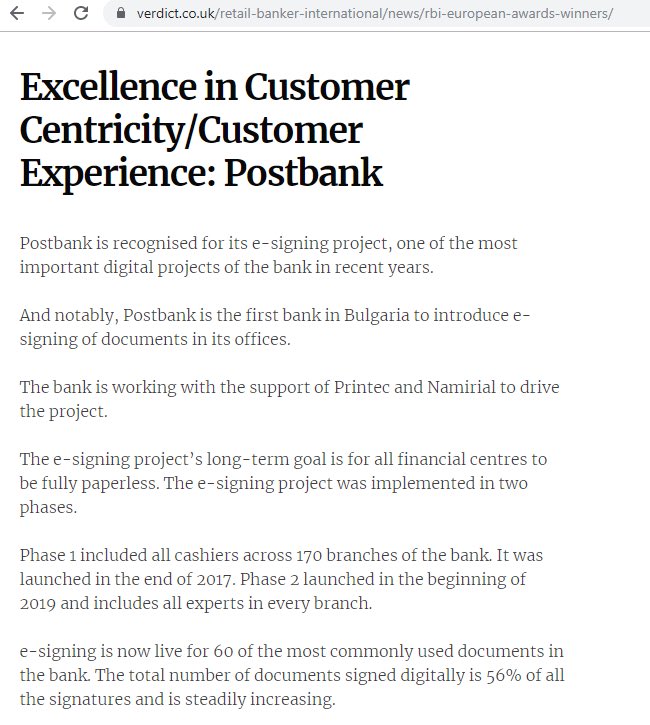 NamirialGroup's tweet photo. @ArenaFinancial @postbank @RetailBanker Happy to power #CustomerExperience in #RetailBanking award🥇winning solution of @PostbankBG 🇧🇬 together with partner #Printec ++ 🔏#DigitalSignature #esignature #eSigning #ElectronicSignature ➡️ https://t.co/yin9HfxCeI https://t.co/OCuiAP1rCm