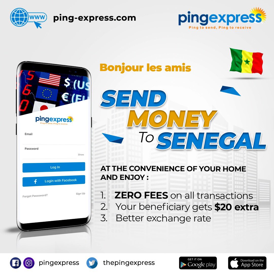 thepingexpress's tweet photo. Bless someone back home this festive season when you send money with @pingexpress to SENEGAL ๐ธ๐ณ and enjoy ZERO FEES on all transactions!
.
.
Visit: https://t.co/8nsNOSSs0G to get started! .
#PingExpressFirstTransfer #PutASmileOnAFace #PingCloserToHome #PingExpressly https://t.co/FippBmHf2M