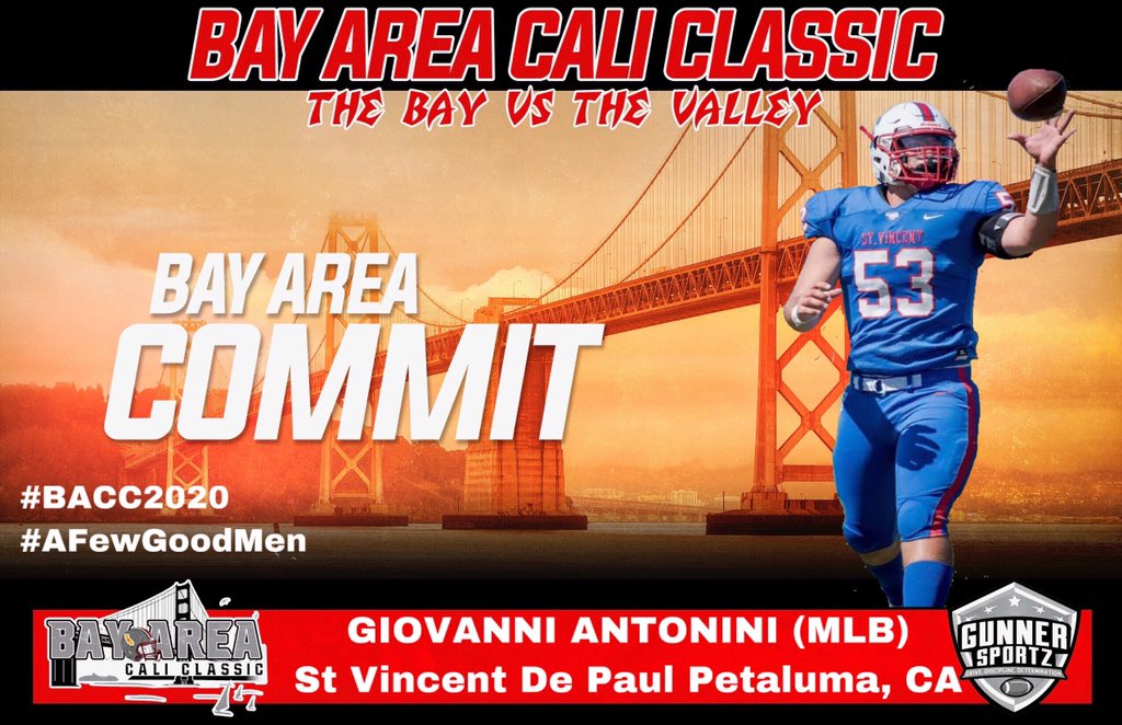 Another St Vincent De Paul HS nomination to rep the Bay!! 🌉The @BACaliClassic Senior Showcase would like to welcome COMMIT Giovanni Antonini to the family! #BACC2020 #AFewGoodMen #NextLevel #RepTheBay hudl.com/profile/8066935