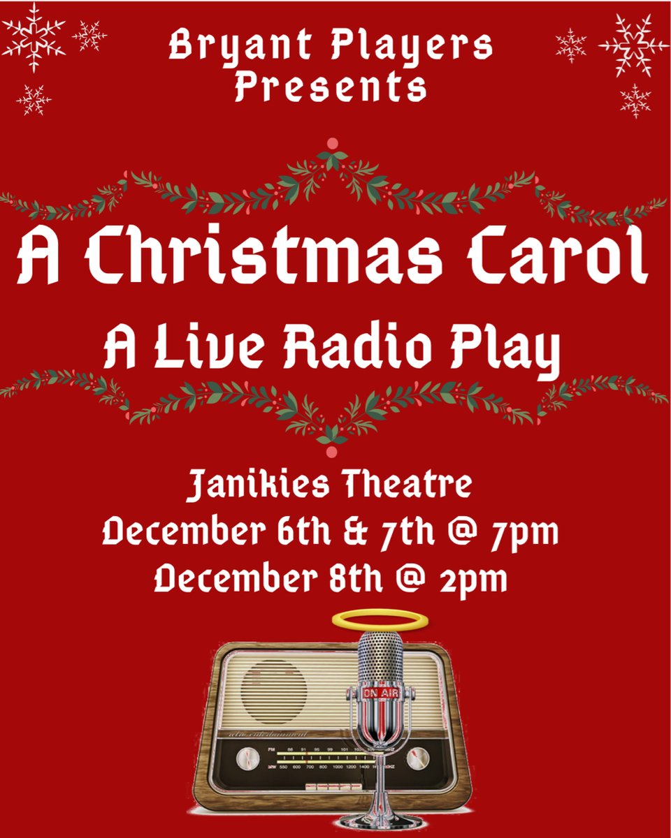 Directed by Dan Plumeri, Bryant University’s <a href="/BryantPlayers/">Bryant Players</a> presents A Christmas Carol: A Live Radio Play tonight @ 7 PM and this weekend at the listed times! 🎙🥁🎅🏻🎄📻
