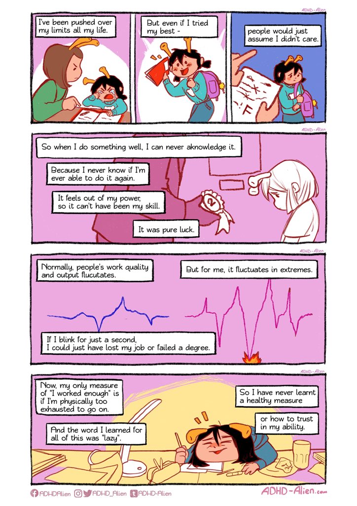 ADHD_Alien's tweet image. I could never figure out why I’m so lazy - but always so exhausted. I always try to make things right, just to get them wrong all over again. This is one of the things that really make me question myself.