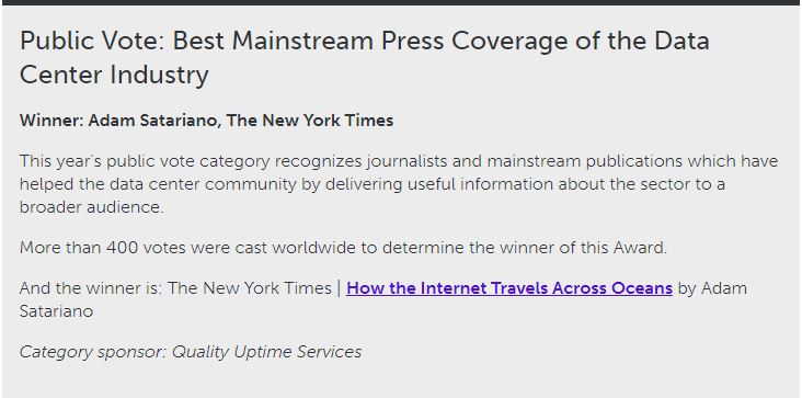 Congratulations to The New York Times for being named the winner the #DCDAwards Best Mainstream Press Coverage of the Data Center Industry, sponsored by <a href="/QualityUptime/">Quality Uptime Serv</a> 
#datacenters  #newyorktimes #presscoverage