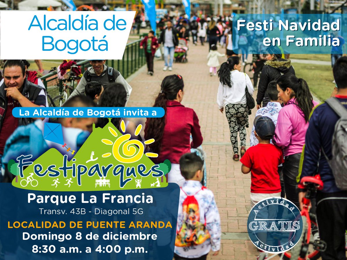 IDRD's tweet photo. #BogotáEnNavidad se vive en familia y en nuestros #Festiparques. Te esperamos este domingo 8 de diciembre en el parque La Francia, donde disfrutarás:

🤹‍♂️Actividades recreativas
⚽️Festivales deportivos
🎲Ludotecas
🤸‍♀️Recreovía: sesiones de actividad física con música

Y mucho más. https://t.co/V4BTaiEoMg