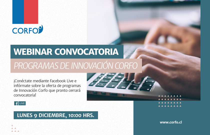Este lunes 9 a las 10:00 hrs. tendremos un nuevo webinar, enfocado en las convocatorias de los programas #SúmateaInnovar, #ConsolidayExpande, #CreayValida Innovación Empresarial e #InstalaInnovación. Despeja todas tus dudas, en vivo por Facebook Live 💻📲