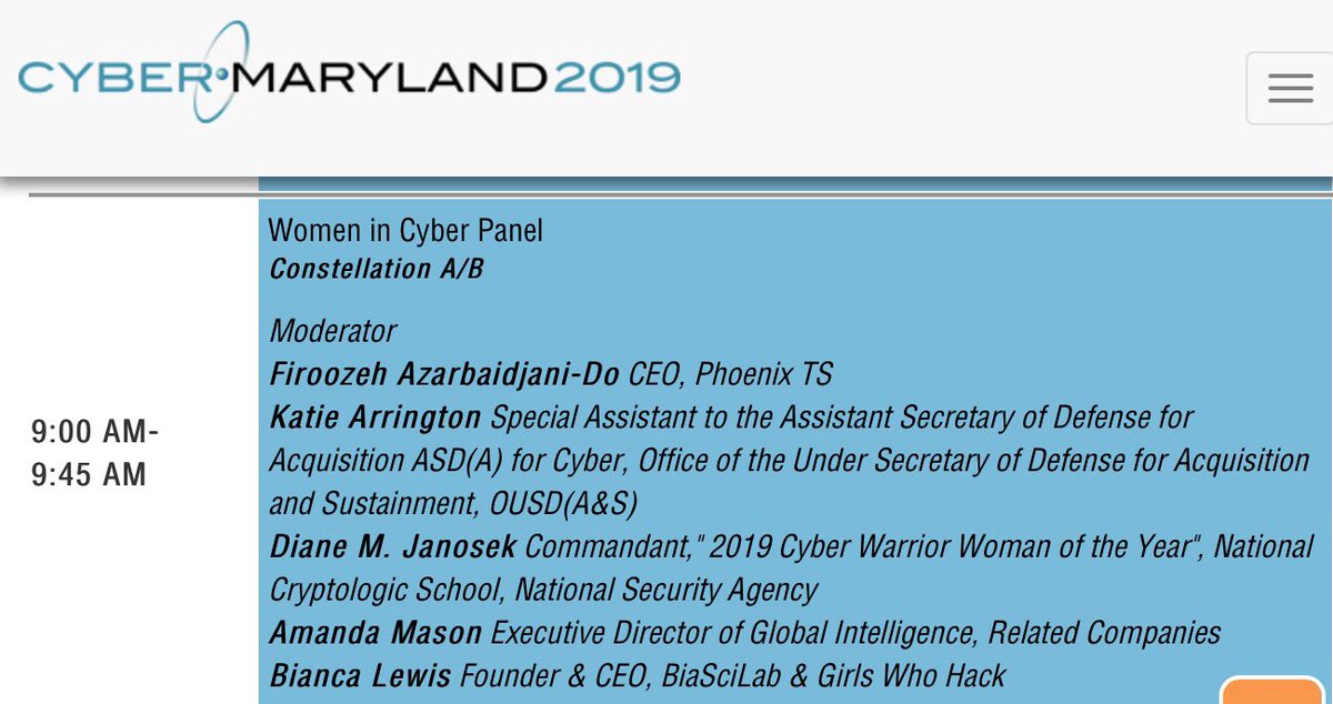 Full list of panelists for the #WomenInCyber panel at #CyberMaryland19