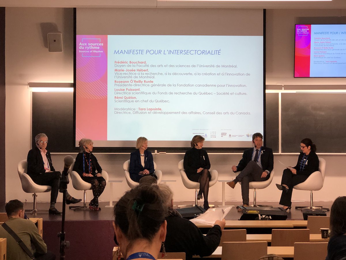 Table ronde “Manifeste pour l’intersectorialité” avec Frédéric Bouchard, Marie-Josée Hébert, Roseann Ô-Reilly Runte, Louise Poissant et Rémi Quirion, animée par Tara Lapointe #Deuxièmesrencontresintersectoriellessurlerythme #rythme #intersectorialité #UdeM @Conseilartscan