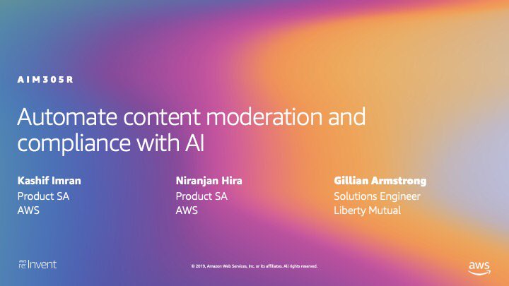 Morning folks! Last day of #AWS #reInvent2019! If you’re awake and looking for something to do, I’m running a workshop 8.30@Venetian on Content Moderation with #Rekognition #Textract #Comprehend 
{\__/}
( • . •)
/ >☕️
Bring your coffee. Maybe bring me coffee too :) #AIM305