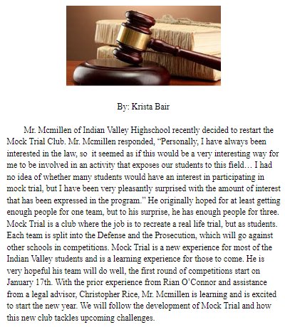 New content from Krista Bair!!  Read her attached article to get caught up on the REBIRTH of the Indian Valley Mock Trial teams!!