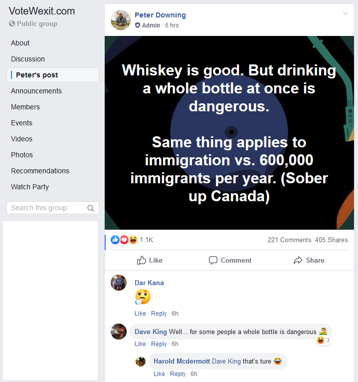 VestsCanada's tweet photo. Peter Downing of #wexit brought up immigration and the comments look eerily similar to the yellow vest forums.
Note: the actual number of immigrants admitted to Canada is 300K, set to increase to 350K. Not even a historical high.
#waahhxit
#YVC2 https://t.co/IOXGOQvNrS