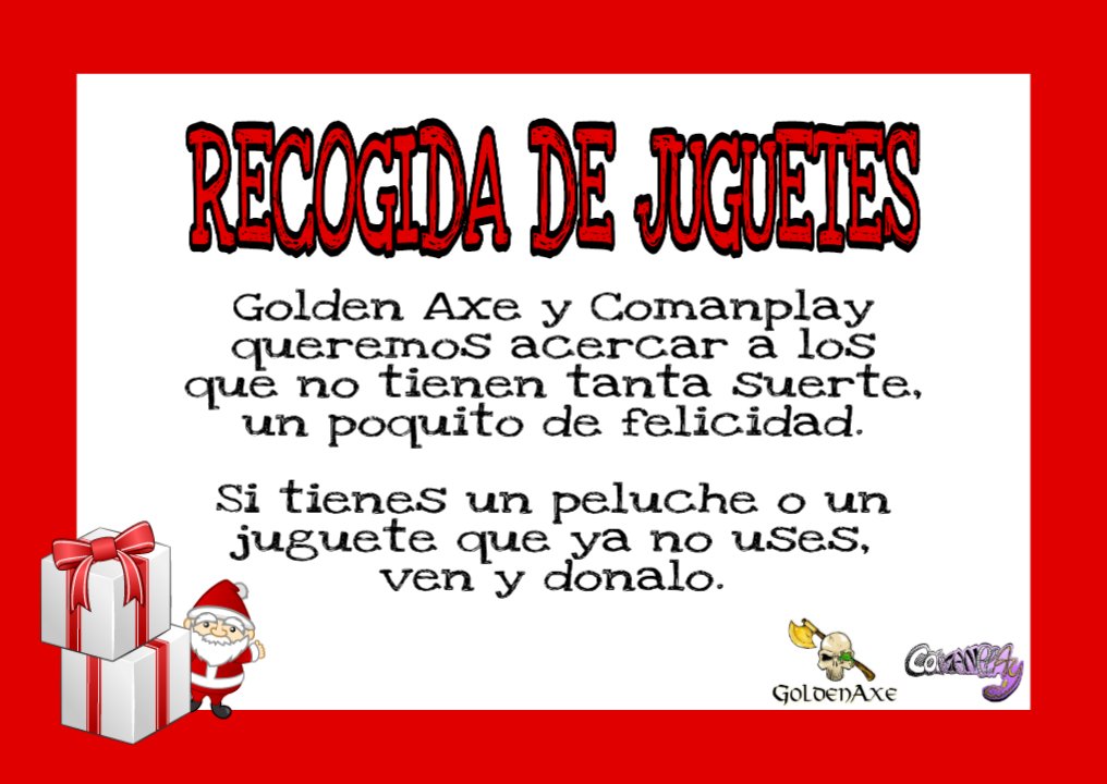 comanplay's tweet image. Desde el martes día 10 de  diciembre al viernes 3 de enero,  @comanplay y @AxeSalamanca haremos una recogida de juguetes.

Pasa por Golden Axe y ven a donar.

Horario: 18:00 a 22:00
C/ Toro 70, Salamanca 

Para una infancia feliz
🧑🏾👶🏻👧🏼🧒🏻
