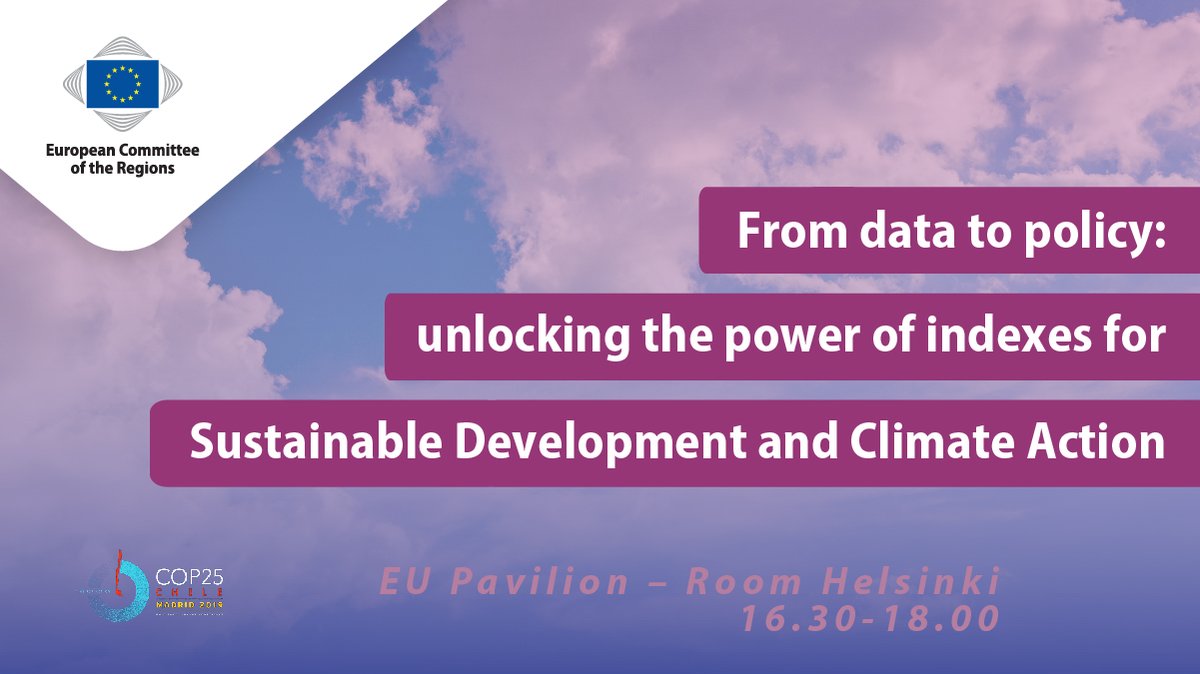 ❓ Can data save the plant? 
@mmarkkula and @Cattaneo_R  discuss the power of indexes for #SustainableDevelopment and #ClimateAction at #COP25 side event. @EU_ScienceHub 

🔎 #Regions4Climate #EUeventsCOP25
👉 See the agenda: ec.europa.eu/jrc/sites/jrcs…