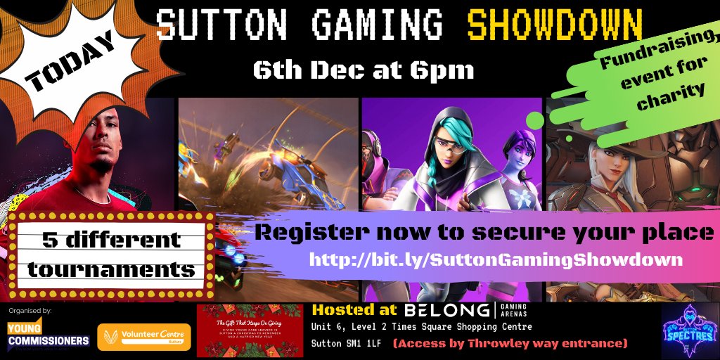 citcomm's tweet photo. It's TODAY! 🎉 🎮⚔️🕹️🙌

"Sutton Gaming Showdown" at the new Gaming Arena @belongsutton

Secure your place! Get your🎟️ https://t.co/uOV3sdySnl 

 #ChristmasChallenge19 #MakingADifference #TCD19 https://t.co/ADIgO1NcIX