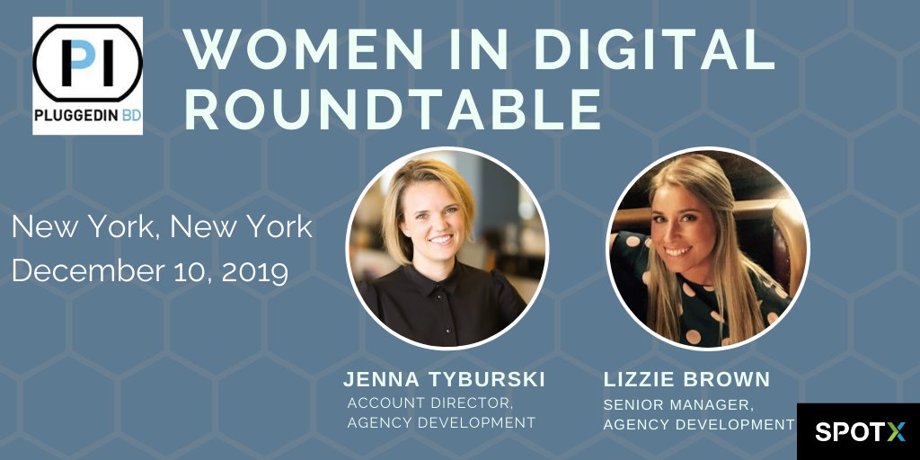 SpotXers Jenna Tyburski and Lizzie Brown will be speaking at PluggedIn BD's Women in Digital Roundtable on December 10th in New York City. Learn more and register here! bit.ly/2sKrphq <a href="/pluggedinventrs/">PluggedIn Ventures</a> #womenintech