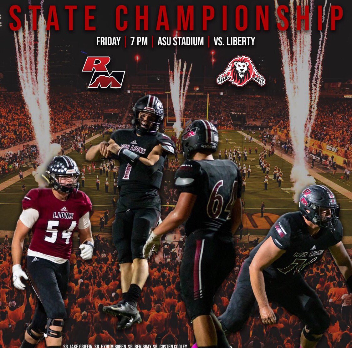TheRedMtnWay's tweet photo. Big day for us in the 6A State Championship for football. Let’s come out in support. We will b seated on the west side of the stadium. Gates open at 6 and tailgate n NE parking lot starts at 4:45pm. Team takes field at 6:45pm. #GoLions #TheRedMtnWay https://t.co/vBp1ikZtwD
