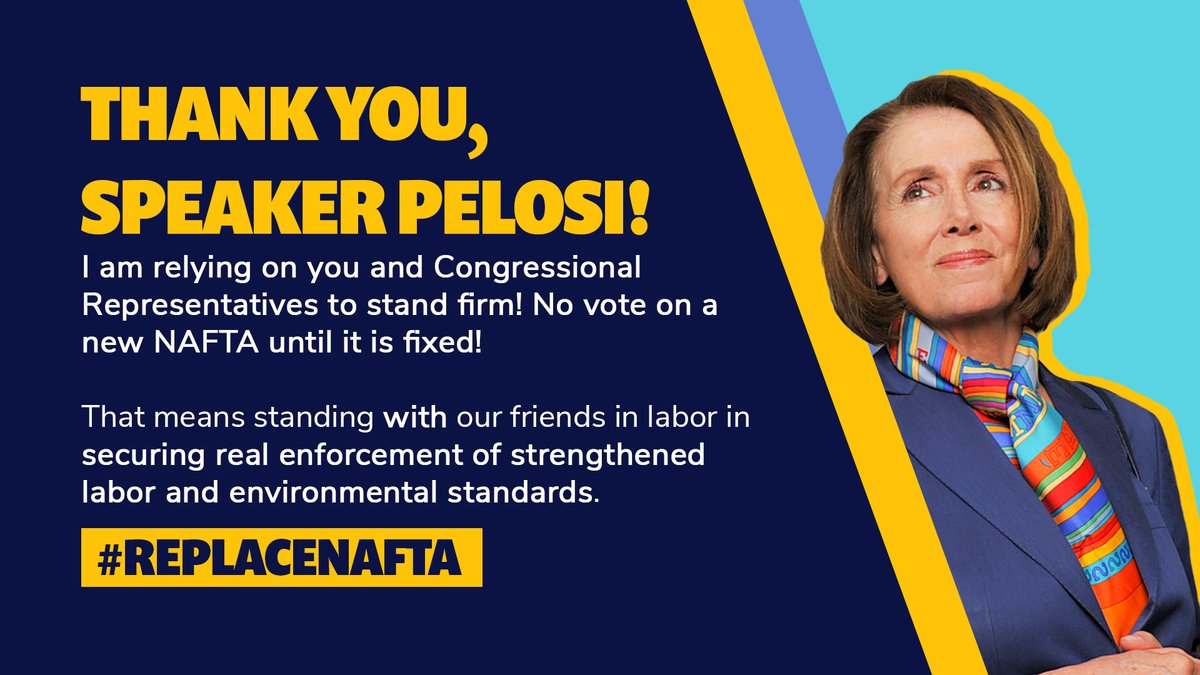 BobHaddard's tweet photo. Thank you @SpeakerPelosi for insisting we #ReplaceNAFTA with a deal that has the strong labor, environmental and enforcement provisions needed to stop outsourcing. We must keep fighting to #fixUSMCA and force an agreement that delivers for working people. https://t.co/ovXmm8pmJB